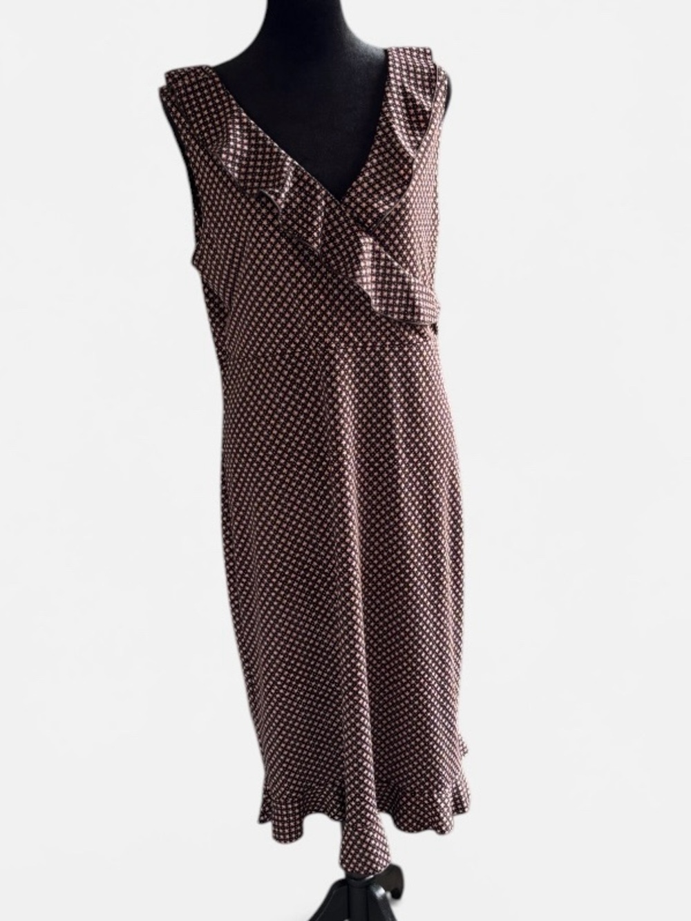 Max Studio Deep Brown With Pink Star/Polka Dot Ruffle V-Neck Midi Dress
